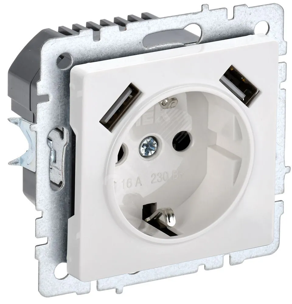 Розетка BRITE РЮш10-1-БрБ 16А с USB A+A 2.1А с заземл. защ. шторки бел. BR-R14-16-U21-D21-K01