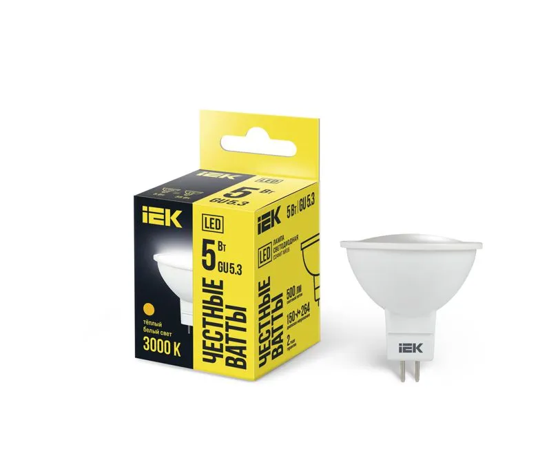 Лампа светодиодная Eco MR16 5Вт 3000К тепл. бел. GU5.3 450лм 230-240В LLE-MR16-5-230-30-GU5