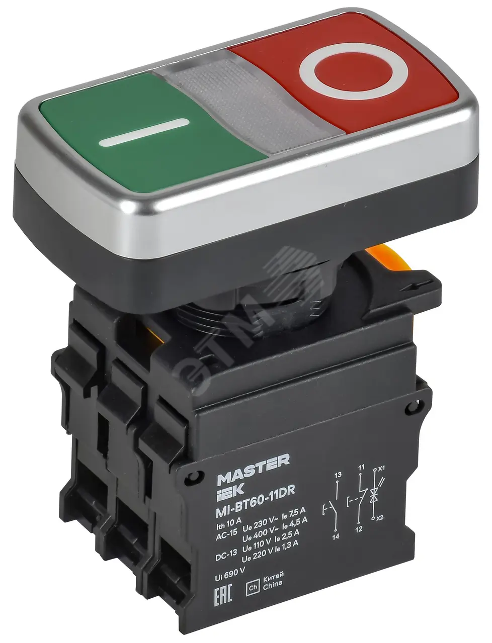 Кнопка I-O с подсветкой d=22мм 1NO+1NC MASTER MI-BT60-11DR-3-11-K51