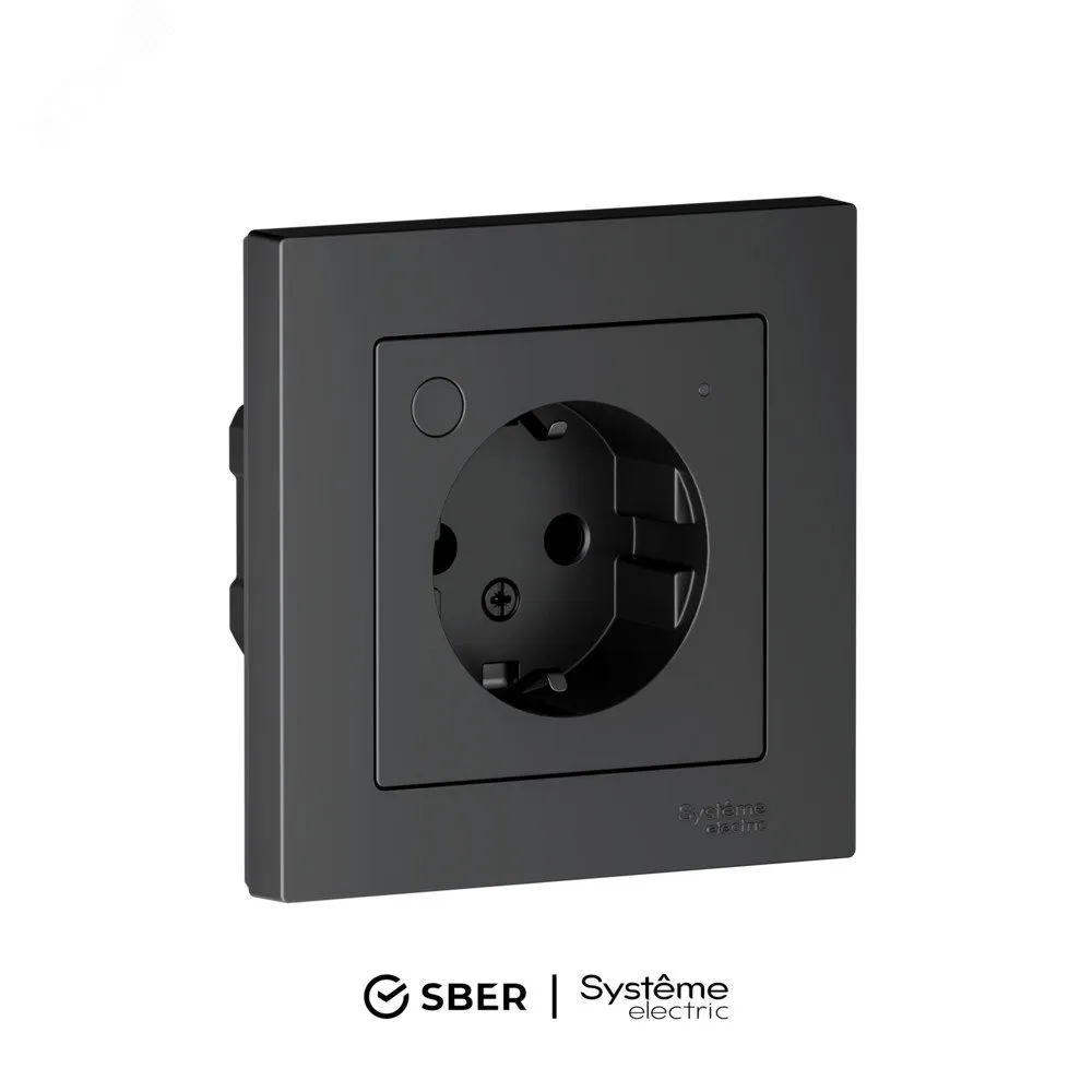 ATLASDESIGN SMART РОЗЕТКА с заземл., со шт., Zigbee, L+N, 16А, мех., КАРБОН ATN001045Z