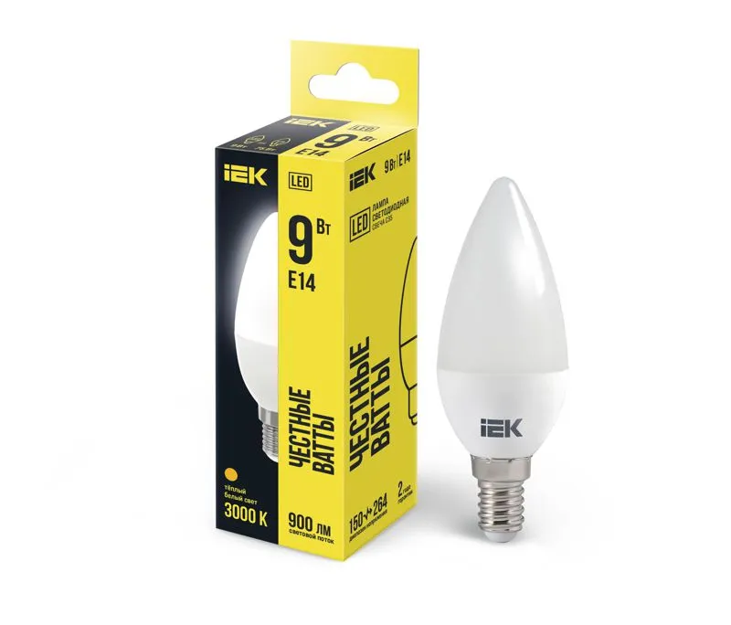 Лампа светодиодная ECO C35 9Вт свеча 3000К E14 230В LLE-C35-9-230-30-E14