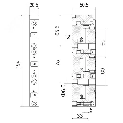 Держатель шин 12,15,20,25,30x5 3пол 60мм R5BBH060053P