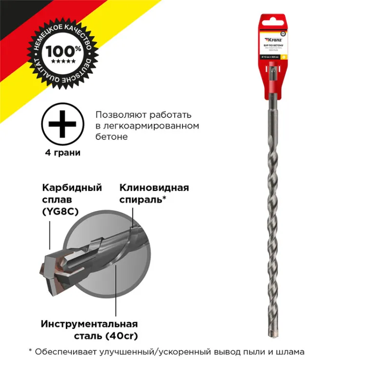 Бур по бетону 12x460x400 мм SDS PLUS крестовая пластина KR-91-0103