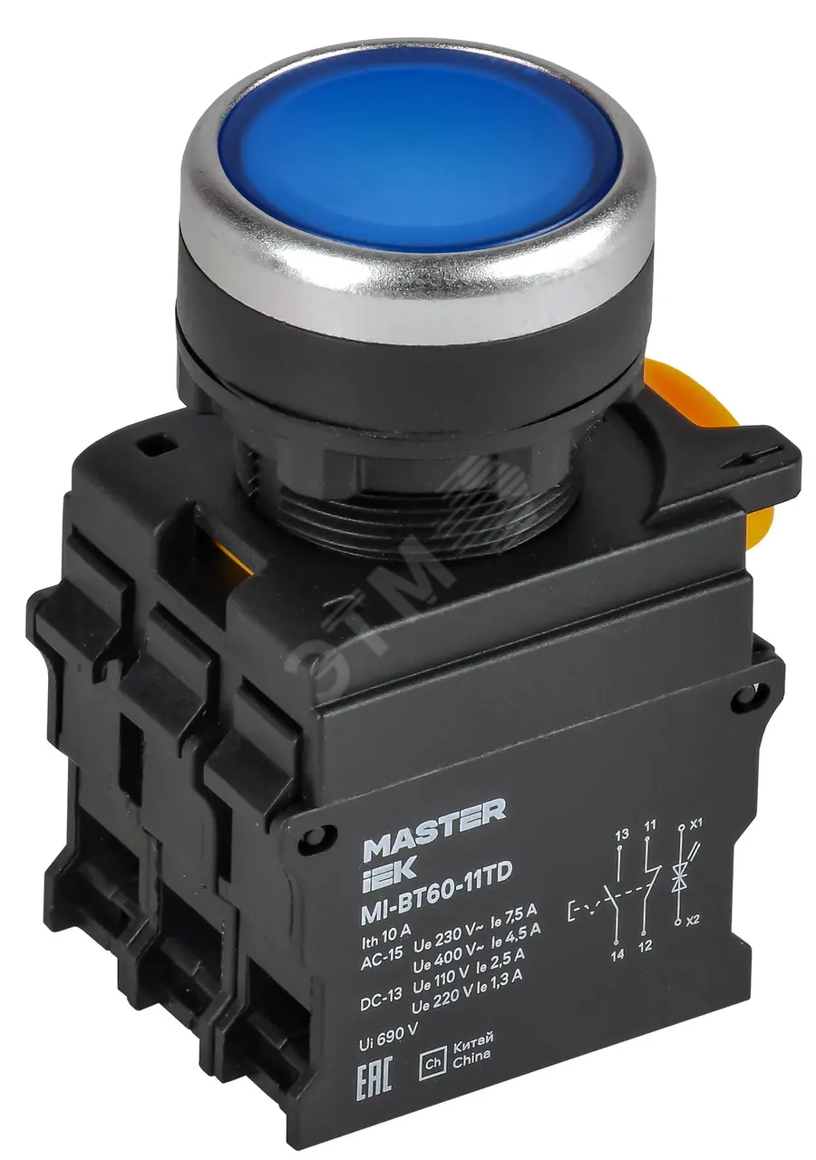 Кнопка с подсвет. и фикс. d=22мм 1NO+1NC синяя MASTER MI-BT60-11TD-3-11-K07