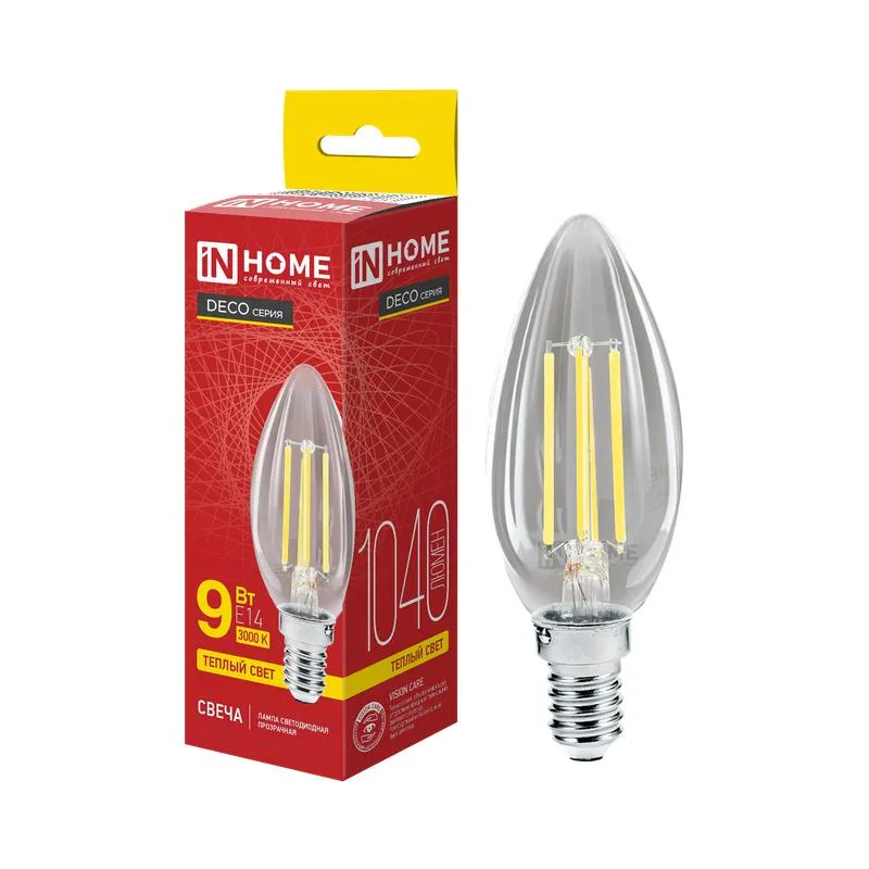 Лампа светодиодная LED-СВЕЧА-deco 9Вт свеча прозрачная 3000К тепл. бел. E14 1040лм 230В 4690612026183