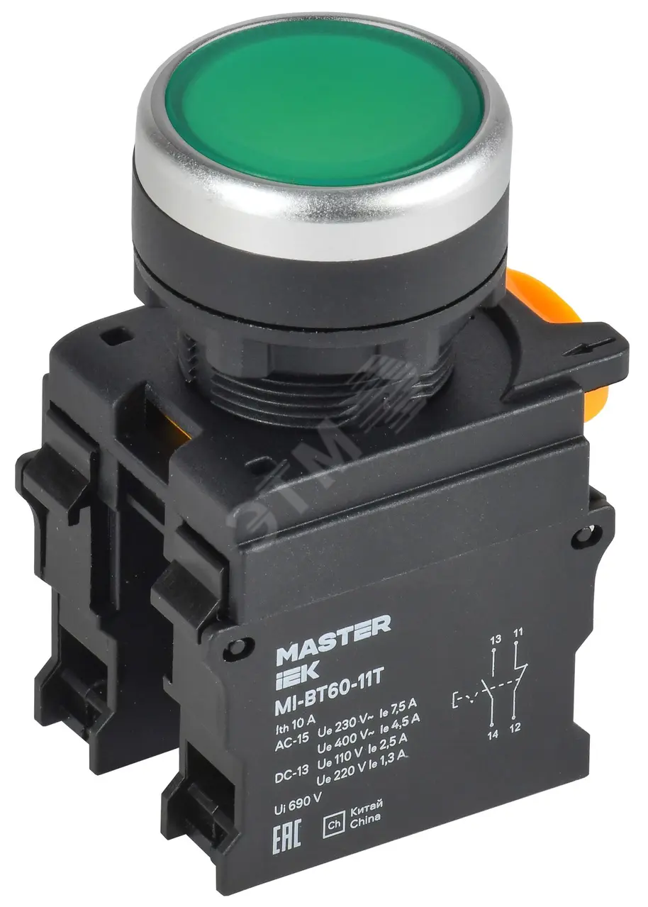 Кнопка с фиксацией d=22мм 1NO+1NC зел-ная MASTER MI-BT60-11T-3-21-K06