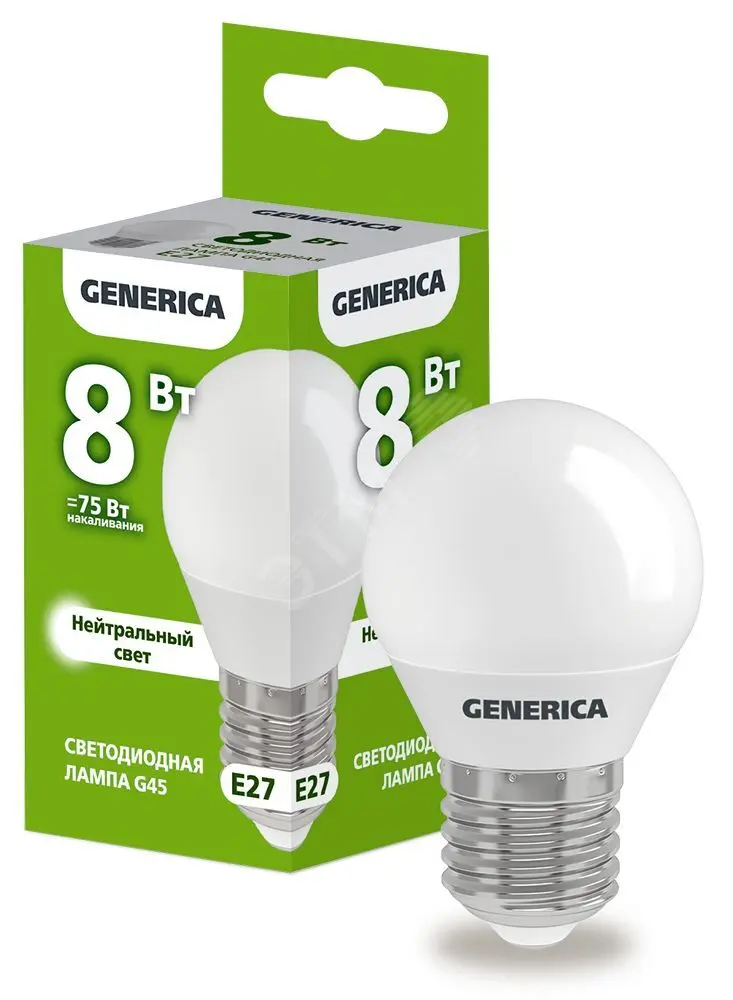 Лампа светодиодная G45 шар 8Вт 230В 4000К E27 GENERICA LL-G45-08-230-40-E27-G