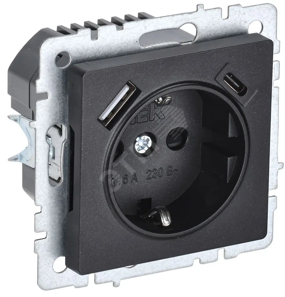 Розетка BRITE РЮш11-1-БрЧ 16А с USB A+C 18Вт с заземл. защ. шторки черн. BR-R14-16-U22-018-K02