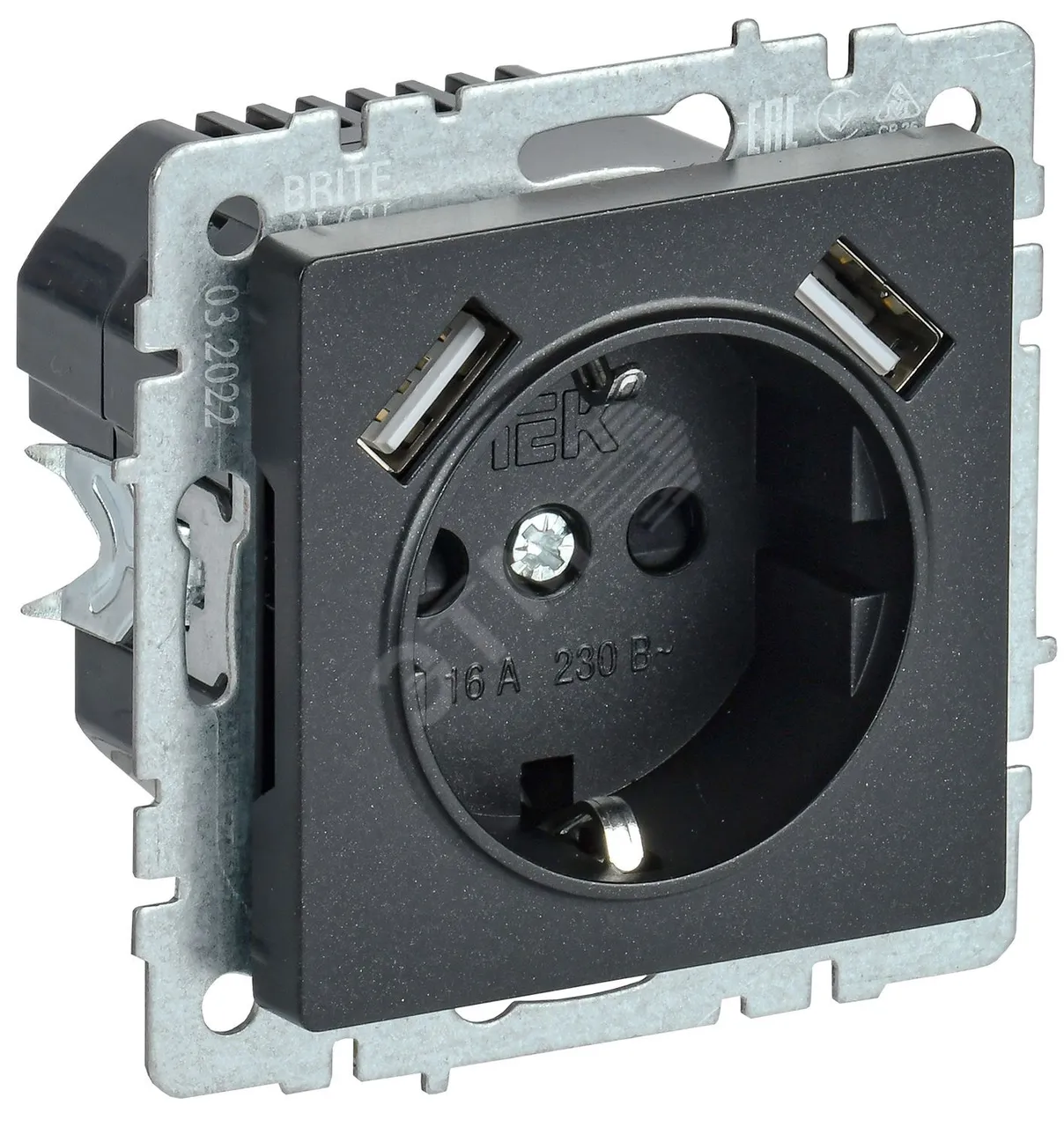 Розетка BRITE РЮш10-1-БрЧ 16А с USB A+A 2.1А с заземл. защ. шторки черн. BR-R14-16-U21-D21-K02
