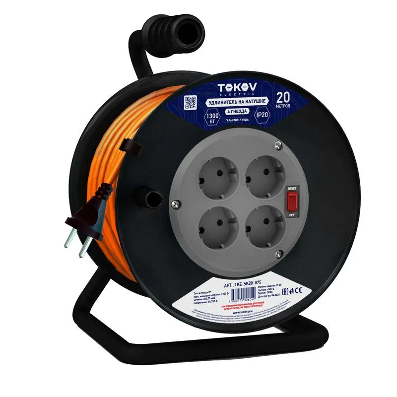 Удлинитель на катушке 4х20м без заземл. 6А IP20 2х0.75 TKE-SK20-075