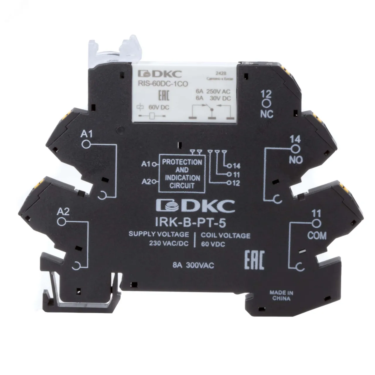 Реле интерфейсное, 1CO, ком. ток 6А, AgSnO2, напряжение 230V AC/DC, push-in клеммы. IRK-230UC-1CO-PT