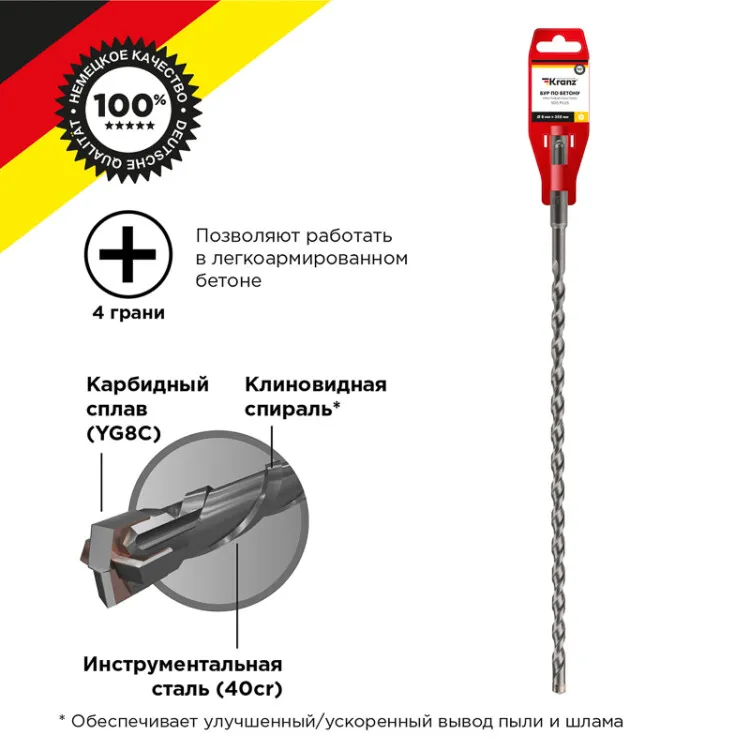 Бур по бетону 8x350x290 мм SDS PLUS крестовая пластина KR-91-0839