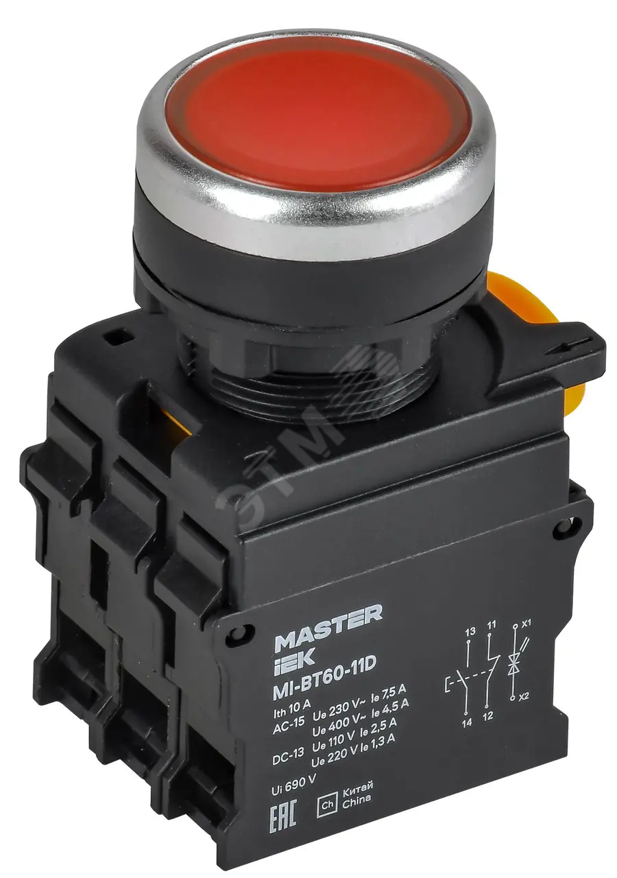 Кнопка с подсветкой d=22мм 1NO+1NC красная MASTER MI-BT60-11D-3-12-K04