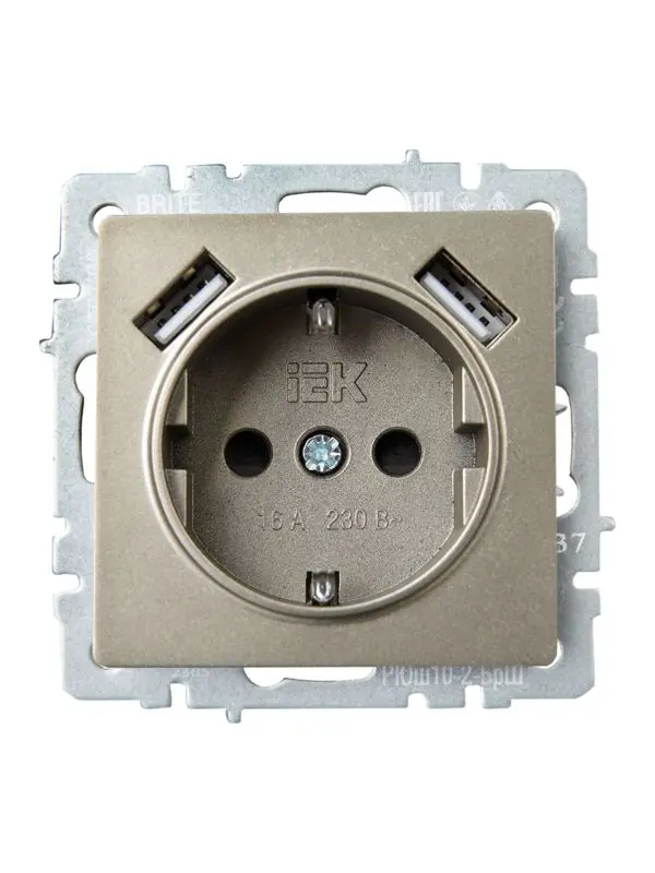 Розетка BRITE РЮш10-2-БрШ 16А с USB A+A 3.1А с заземл. защ. шторки шампань BR-R14-16-U21-D31-K37
