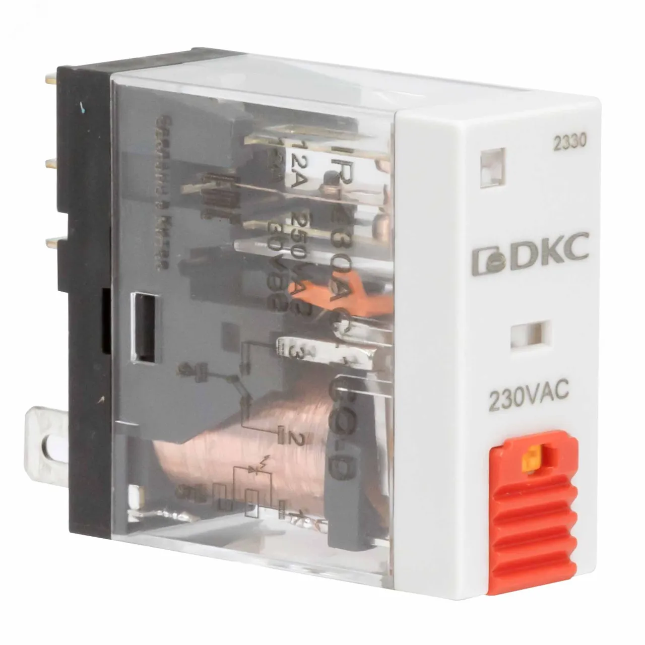 Реле миниатюрное промышленное, 1CO, ком. ток 12А, AgSnO, напряжение230V AC, опция: тест-кнопка+светодиод IR-230AC-1CO-D