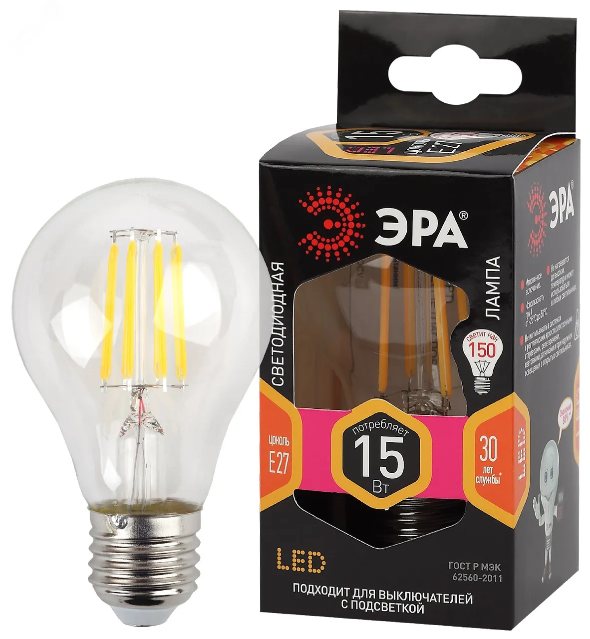 Лампа светодиодная филаментная F-LED A60-15W-827-E27 A60 15Вт груша E27 тепл. бел. Б0046981