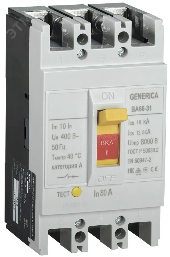 Выключатель автоматический ВА66-31 3Р 80А 18кА GENERICA SAV10-3-0080-G