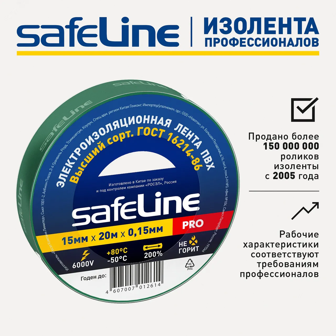 Изолента ПВХ зеленая 15мм 20м Safeline 9364