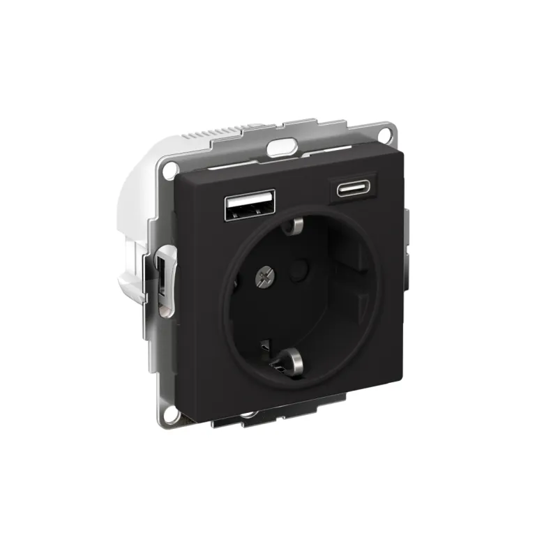 Розетка AtlasDesign 16А с 2-мя заряд. устройствами USB тип A+C 5В/2.4А 2х5В/1.2А механизм карбон SE ATN001032