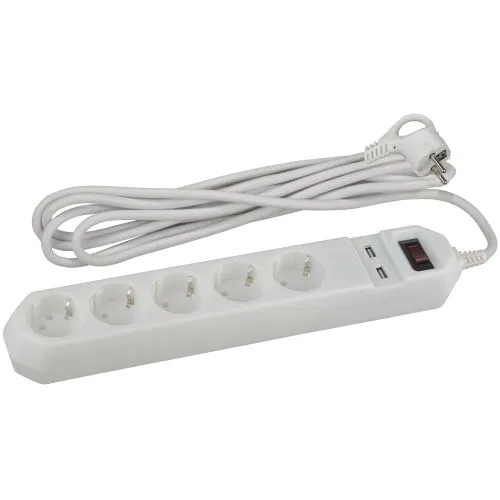 Удлинитель с сетевым фильтром 5х1.5м с заземл. 10А IP20 2хUSB ПВС 3х0.75 с выкл. бел. Б0019037
