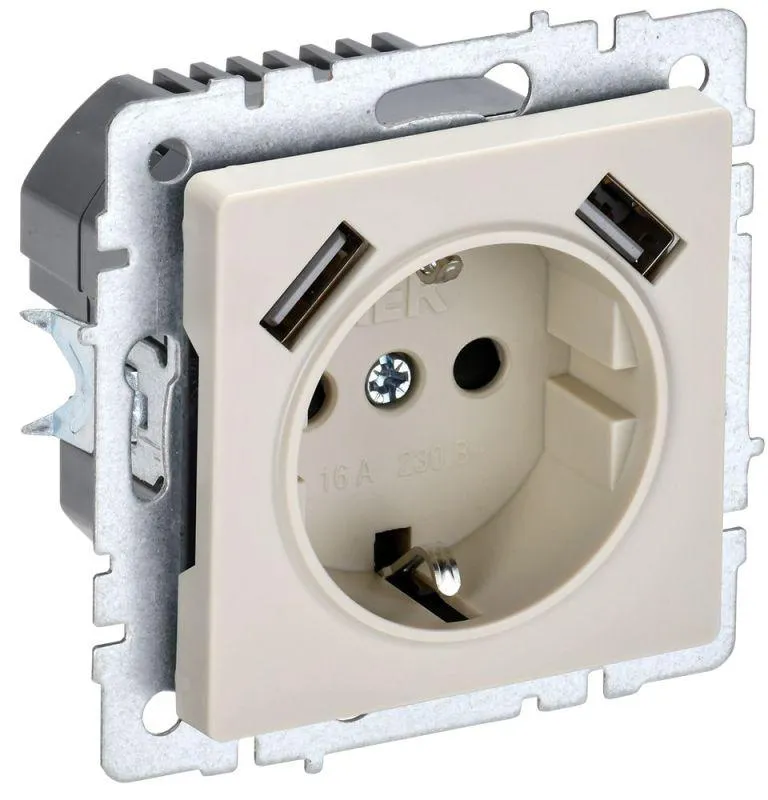 Розетка BRITE РЮш10-1-БрКр 16А с USB A+A 2.1А с заземл. защ. шторки беж. BR-R14-16-U21-D21-K10