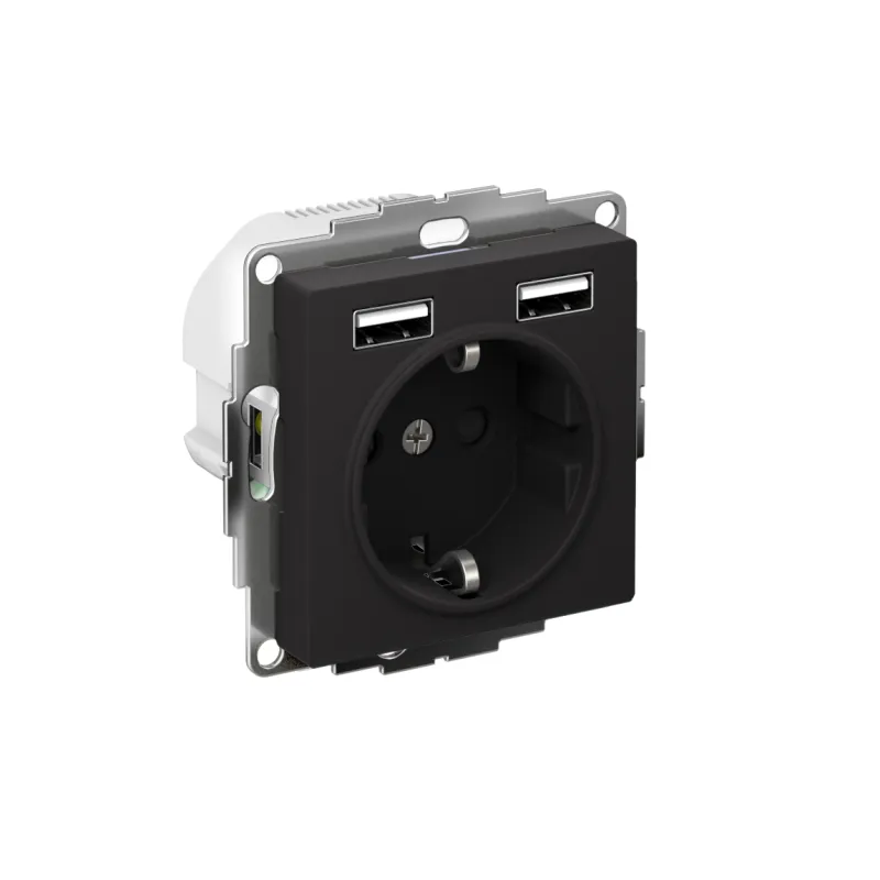 Розетка 1-м СП AtlasDesign 16А IP20 с 2-мя заряд. устройствами USB тип A+A 5В/2.4А 2х5В/1.2А механизм карбон SE ATN001030