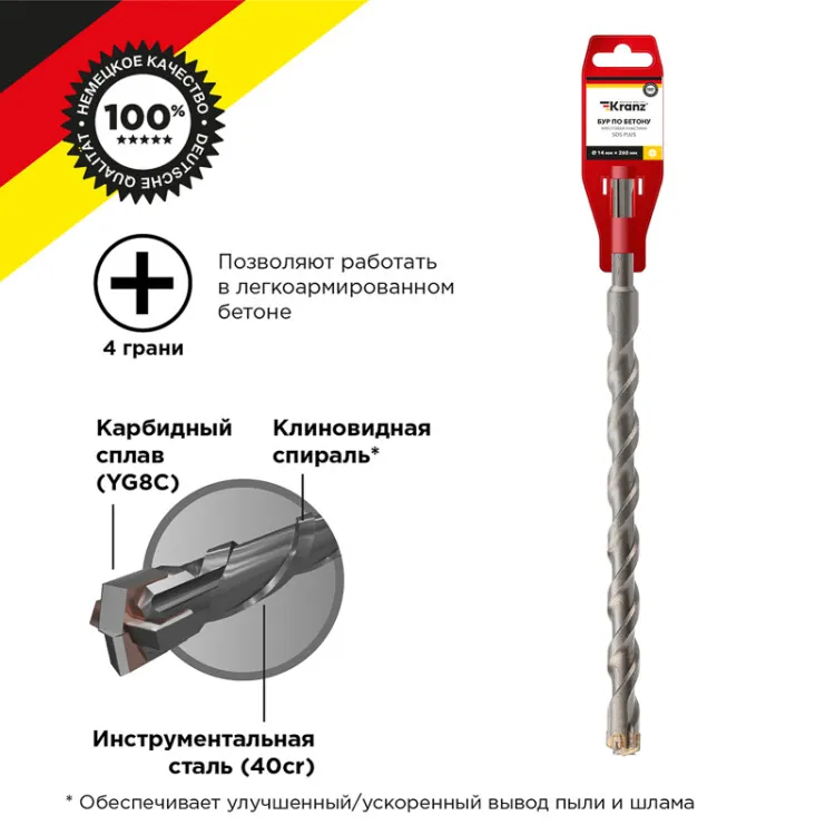 Бур по бетону 14x260x200 мм SDS PLUS крестовая пластина KR-91-0837