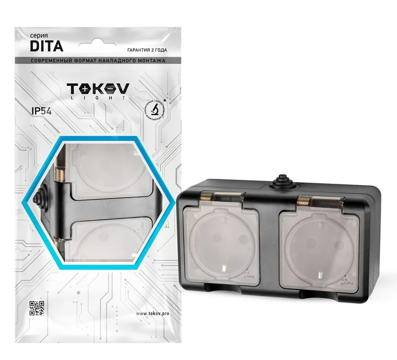 Розетка 2-м ОП Dita 16А IP54 250В с заземл. с прозр. крышкой карбон TKL-DT-R2Z-C14T-IP54