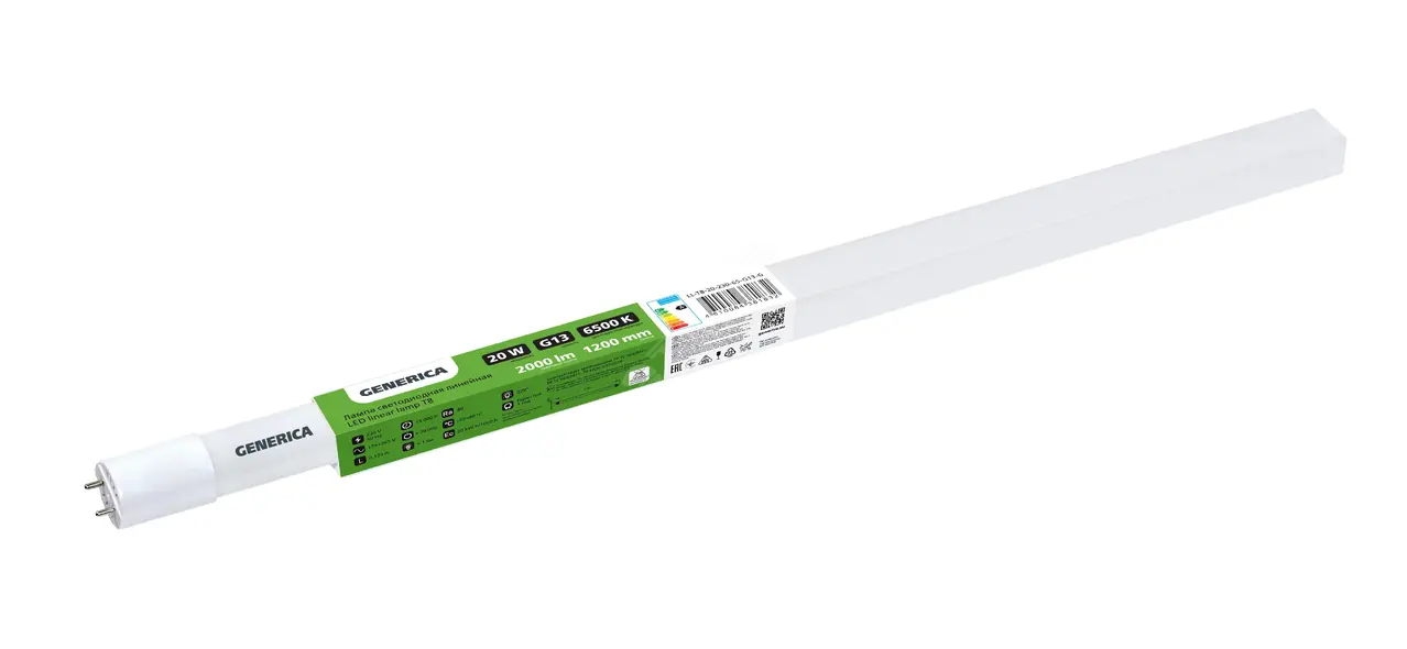 ЛАМПА СВЕТОДИОДНАЯ T8 ЛИНЕЙНАЯ 1200ММ 20ВТ 230В 6500К G13 GENERICA LL-T8-20-230-65-G13-G