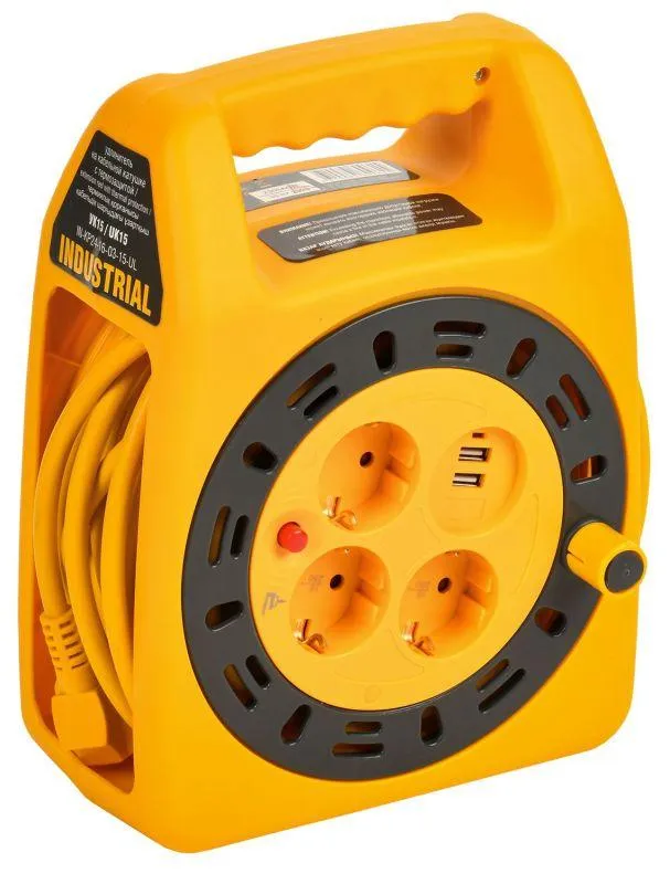 УДЛИНИТЕЛЬ НА КАТУШКЕ 3Х15М С ЗАЗЕМЛ. INDUSTRIAL УК15 2P+PE 3Х1.5КВ.ММ USBX2 LED ТЕРМОЗАЩИТА IN-KP24-16-03-15-UL