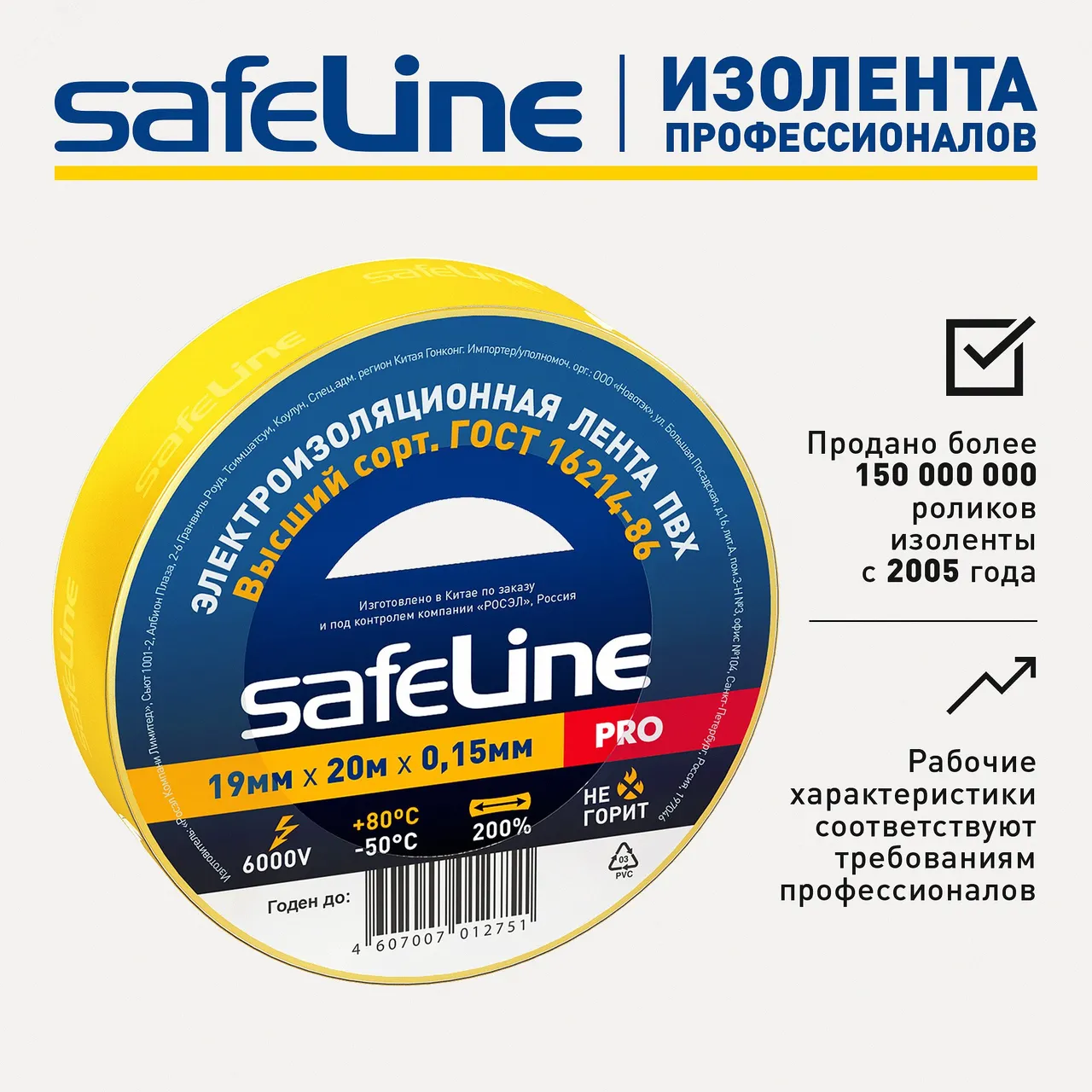 Изолента ПВХ желтая 19мм 20м 9367