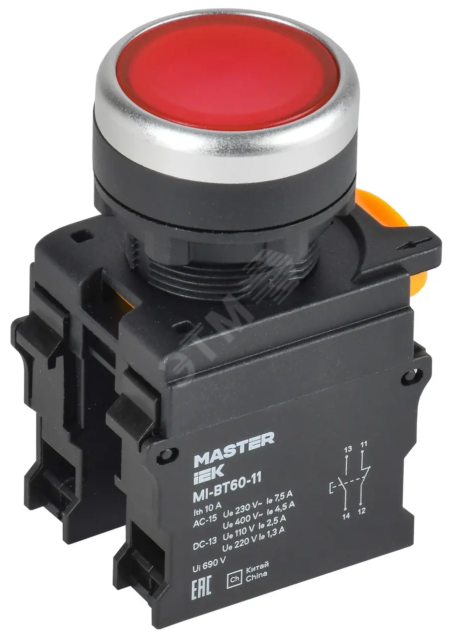 Кнопка d=22мм 1NO+1NC красная MASTER MI-BT60-11-3-22-K04