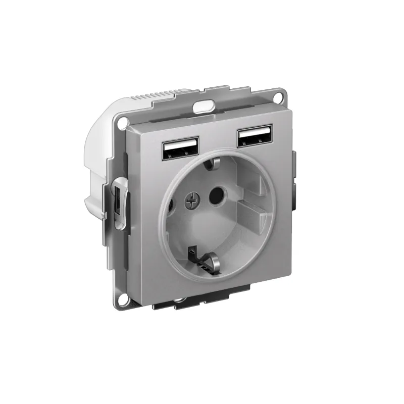Розетка 1-м СП AtlasDesign 16А IP20 с 2-мя заряд. устройствами USB тип A+A 5В/2.4А 2х5В/1.2А механизм алюм. SE ATN000330