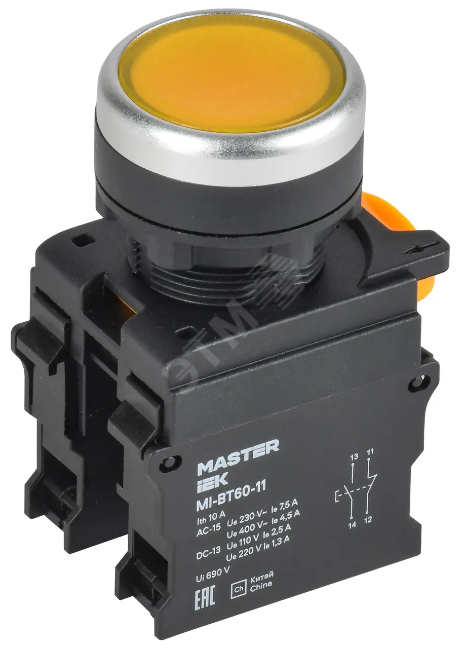 Кнопка d=22мм 1NO+1NC ж-лтая MASTER MI-BT60-11-3-22-K05