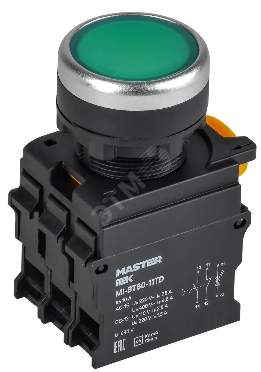 Кнопка с подсвет. и фикс. d=22мм 1NO+1NC зел-ная MASTER IEK MI-BT60-11TD-3-11-K06